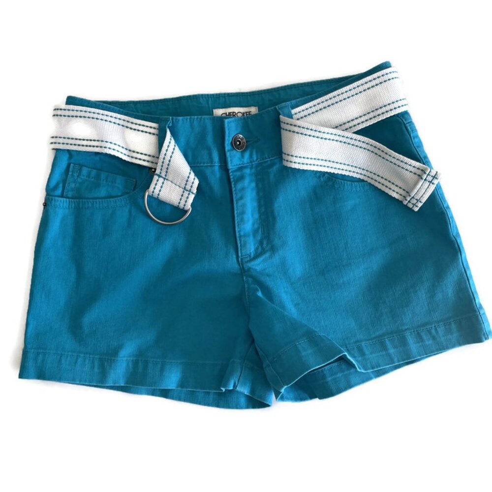 CHEROKEE Girls Cotton Denim Blue Shorts with Matching Belt Adjustable Waist Sz L
